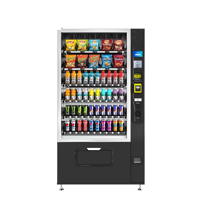 Máquina expendedora de frente, cargada con snacks y bebidas