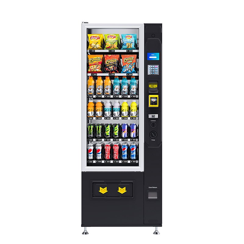 Máquina expendedora angosta de frente, cargada con snacks y bebidas